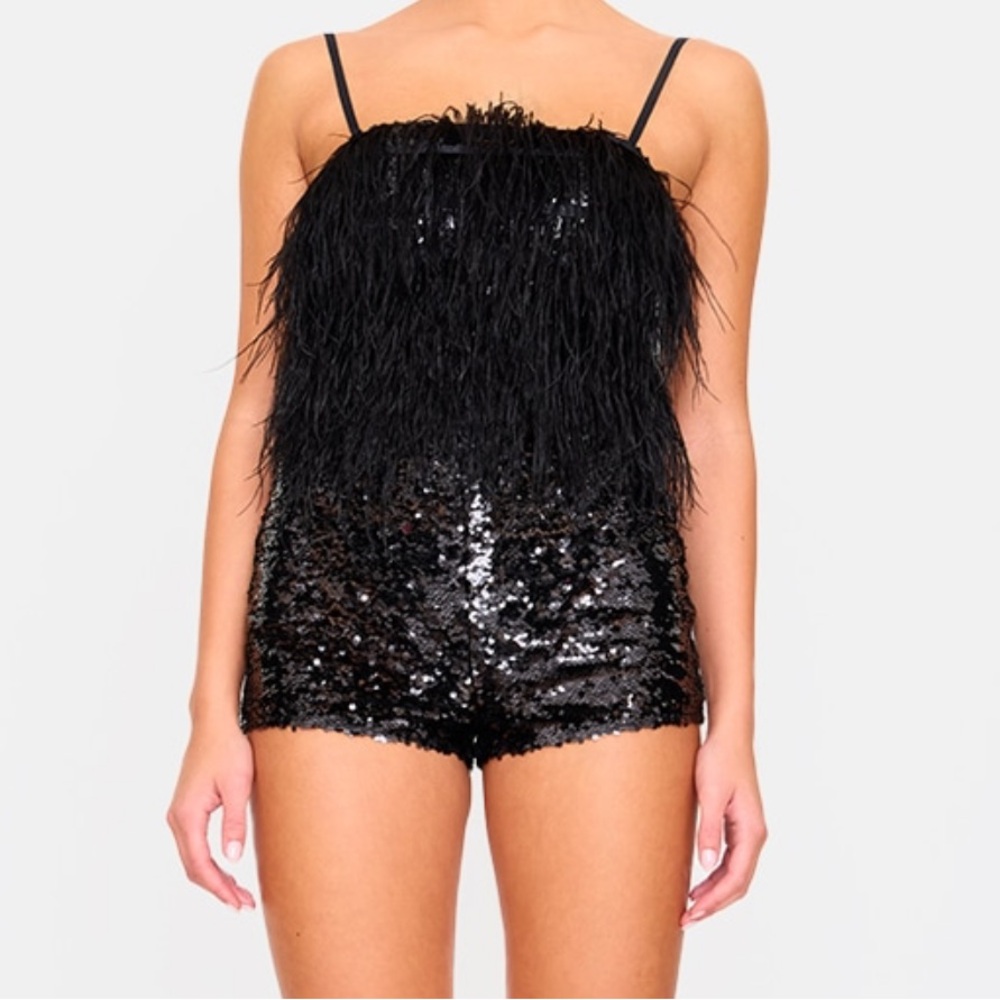 PrettyLittleThing Black Sequin Feather Romper